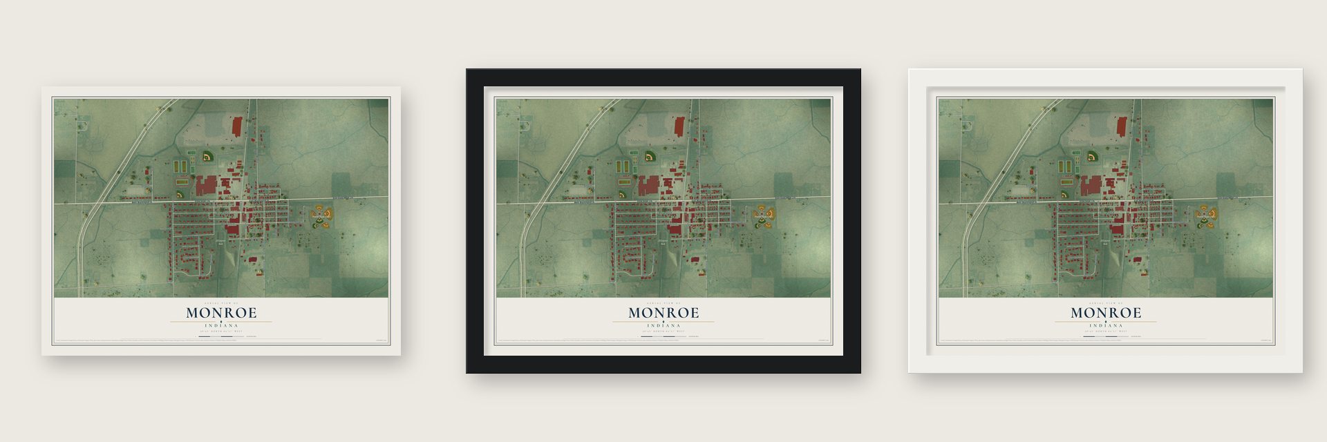Monroe, Indiana map unframed, in a black wood frame and in a white wood frame