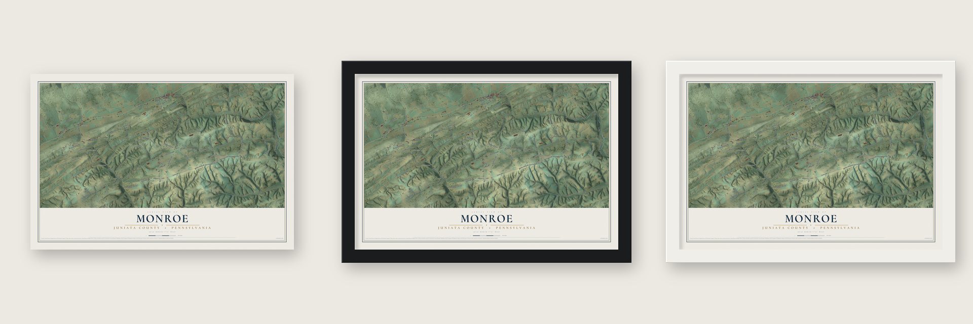 Monroe, Juniata County, Pennsylvania map unframed, in a black wood frame and in a white wood frame