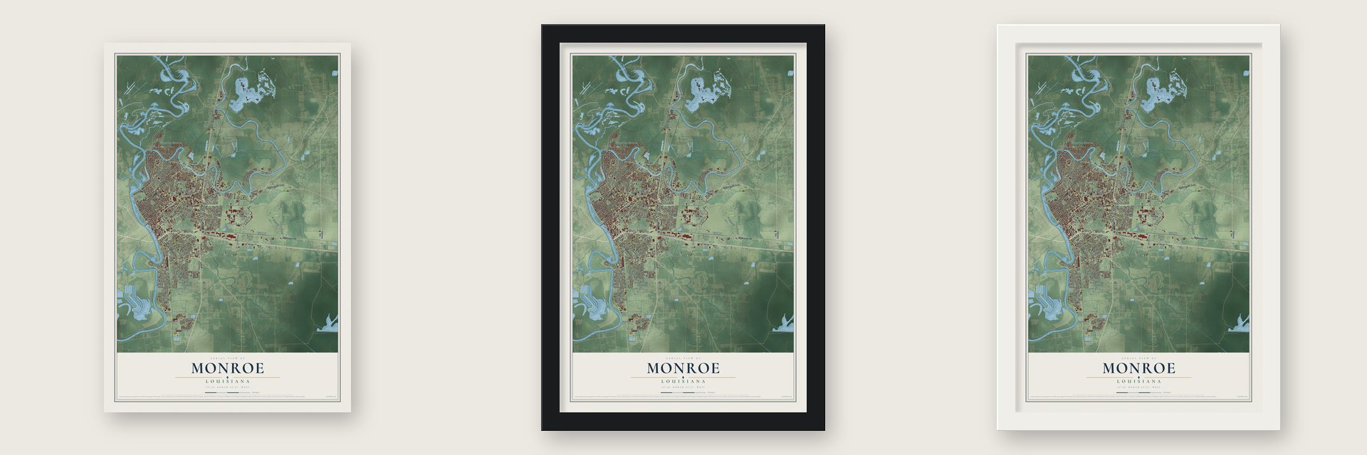 Monroe, Louisiana map unframed, in a black wood frame and in a white wood frame