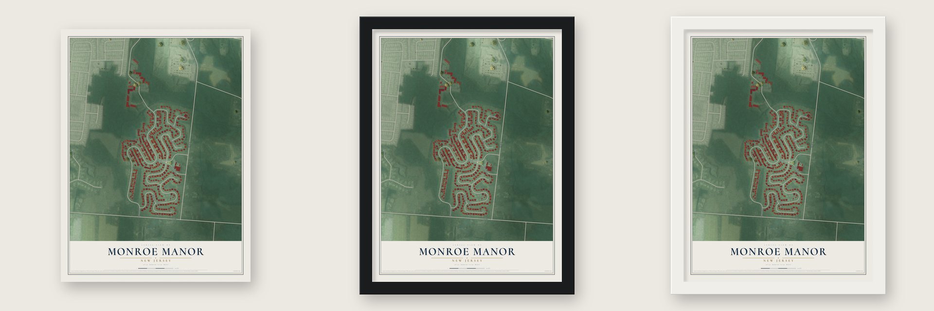 Monroe Manor, New Jersey map unframed, in a black wood frame and in a white wood frame