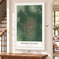 Monroe Manor, New Jersey map, 24 x 36 inch print in a white frame by a staircase