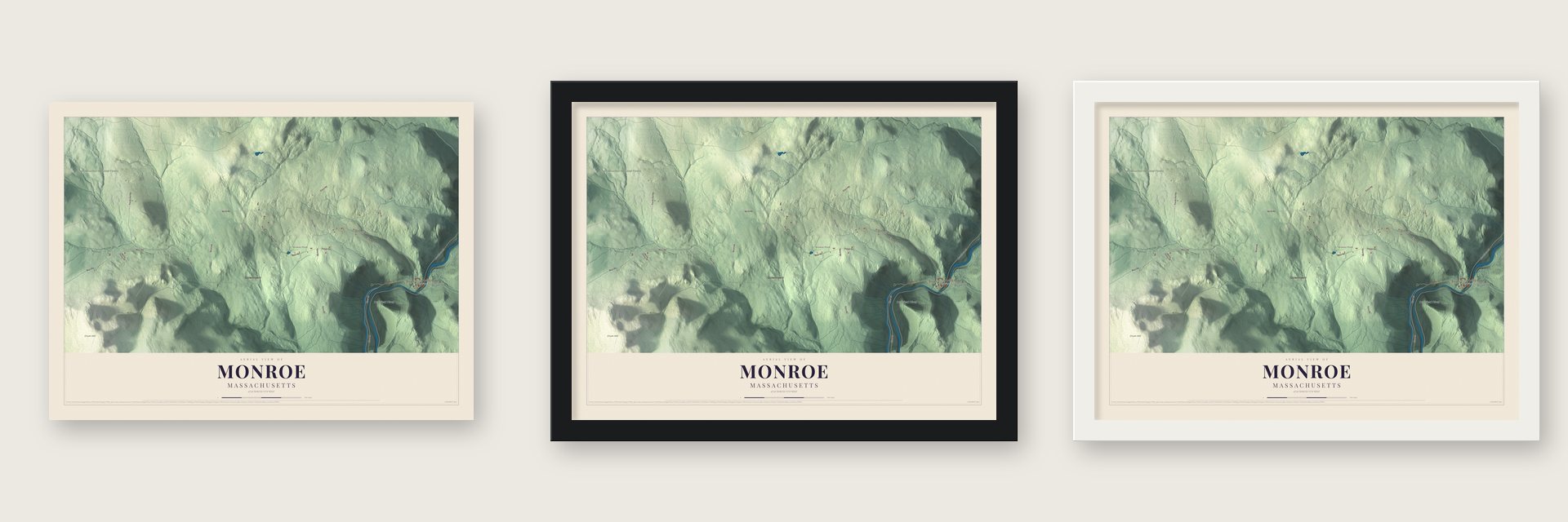 Monroe, Massachusetts map unframed, in a black wood frame and in a white wood frame