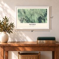 Monroe, Massachusetts map, 12 x 18 inch print in a white frame in an entryway