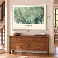Monroe, Massachusetts map, 24 x 36 inch print in a white frame above a dresser by a staircase