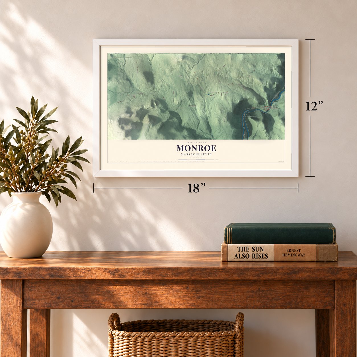 Monroe, Massachusetts map, 12 x 18 inch print in a white frame in an entryway