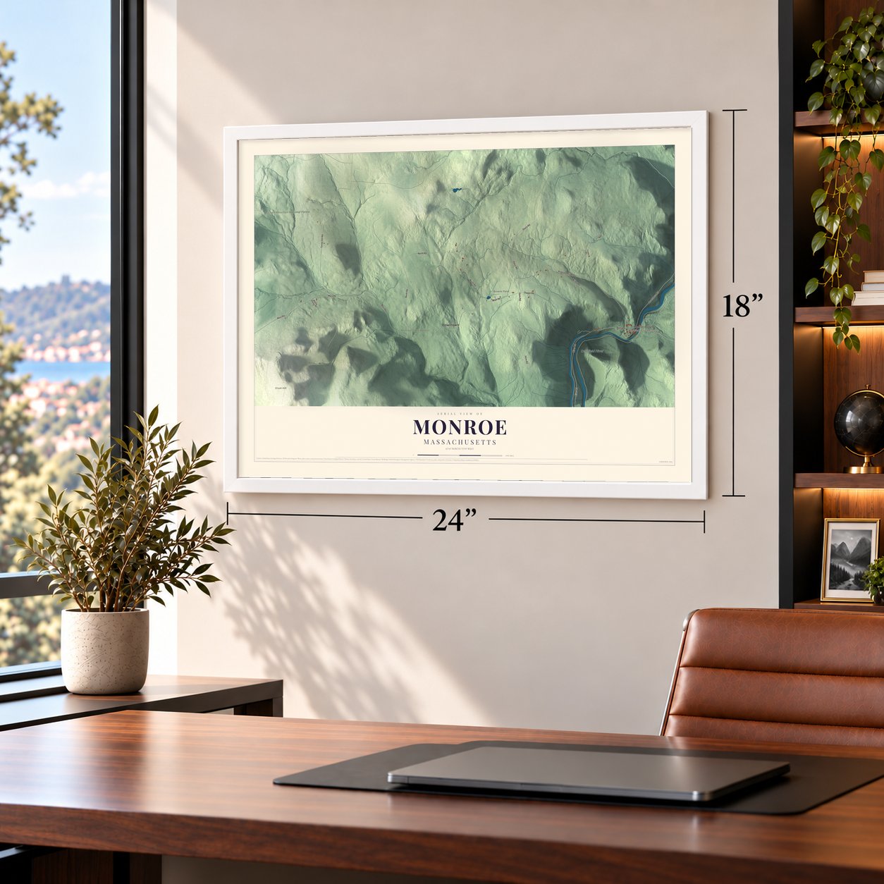 Monroe, Massachusetts map, 18 x 24 inch print in a white frame in a home office
