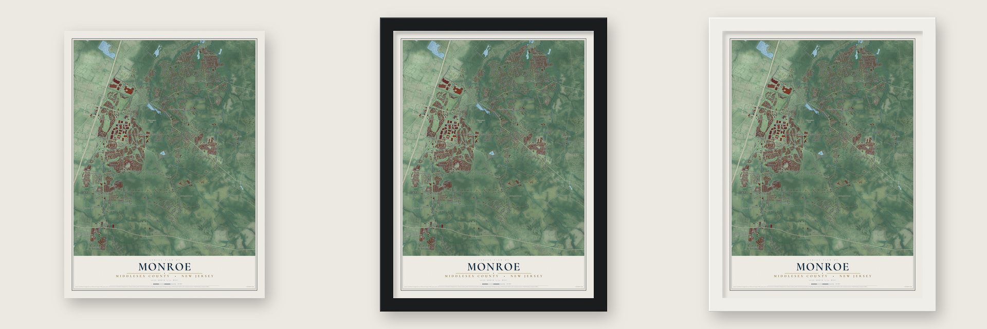 Monroe, Middlesex County, New Jersey map unframed, in a black wood frame and in a white wood frame