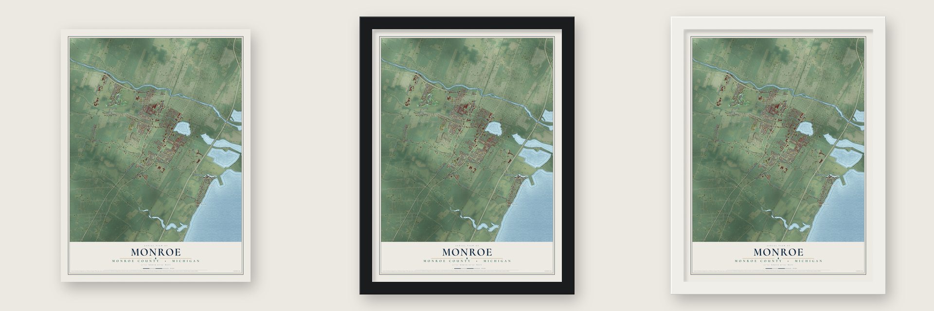 Monroe, Monroe County, Michigan map unframed, in a black wood frame and in a white wood frame