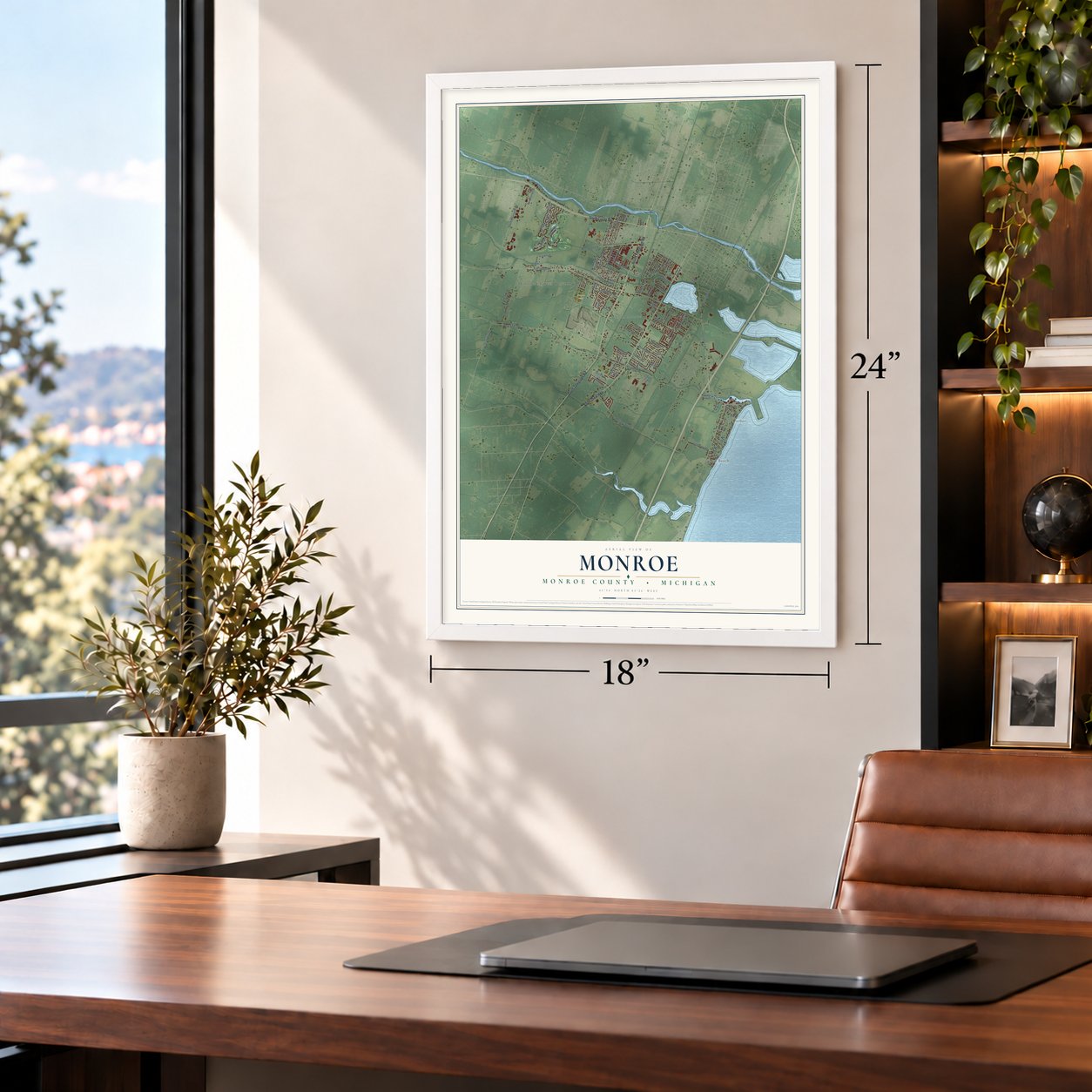 Monroe, Monroe County, Michigan map, 18 x 24 inch print in a white frame in a home office