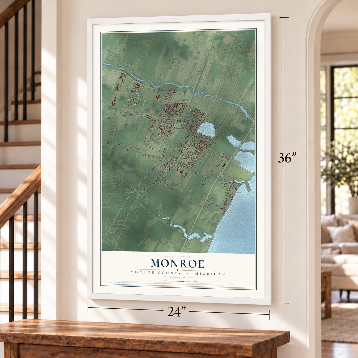 Monroe, Monroe County, Michigan map, 24 x 36 inch print in a white frame by a staircase