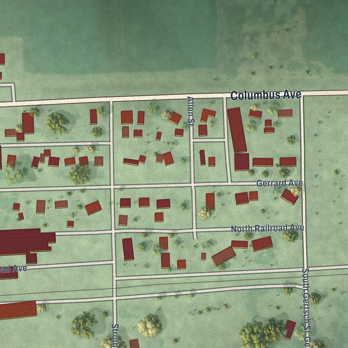 Second close-up of the map of Monroe, Nebraska print showing more streets and buildings