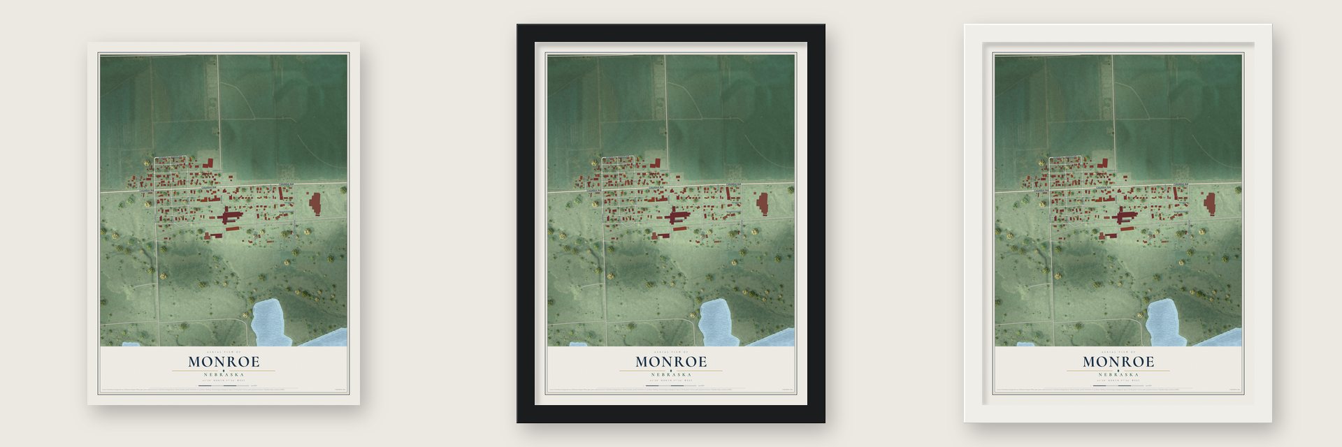 Monroe, Nebraska map unframed, in a black wood frame and in a white wood frame