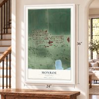 Monroe, Nebraska map, 24 x 36 inch print in a white frame by a staircase