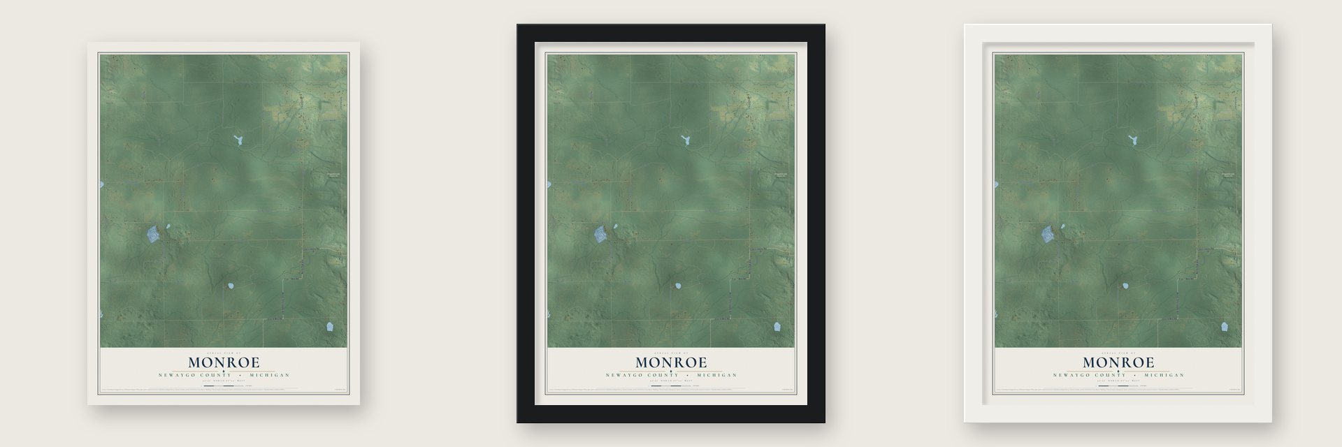 Monroe, Newaygo County, Michigan map unframed, in a black wood frame and in a white wood frame
