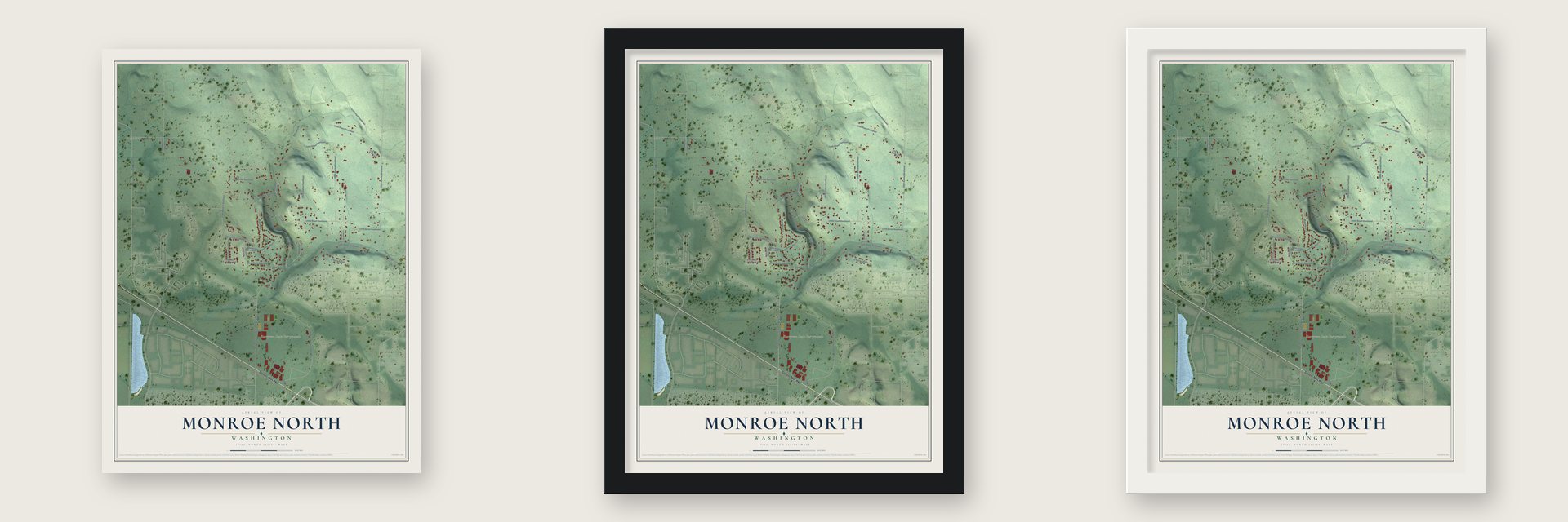 Monroe North, Washington map unframed, in a black wood frame and in a white wood frame