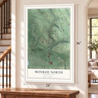 Monroe North, Washington map, 24 x 36 inch print in a white frame by a staircase