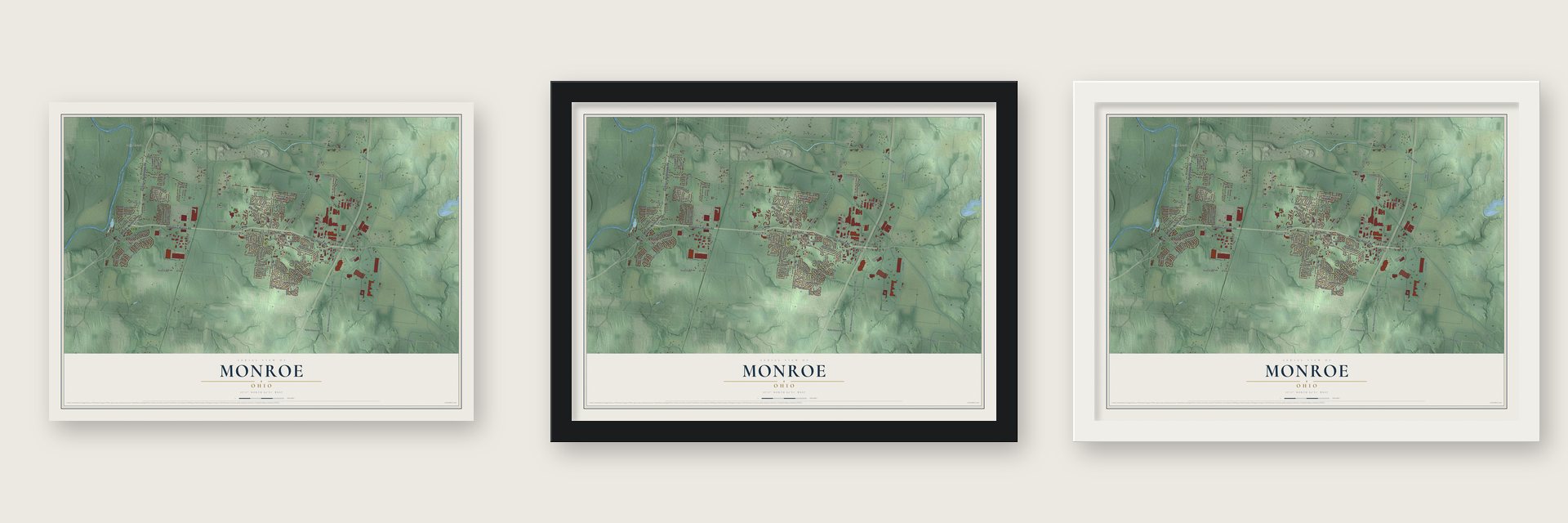 Monroe, Ohio map unframed, in a black wood frame and in a white wood frame