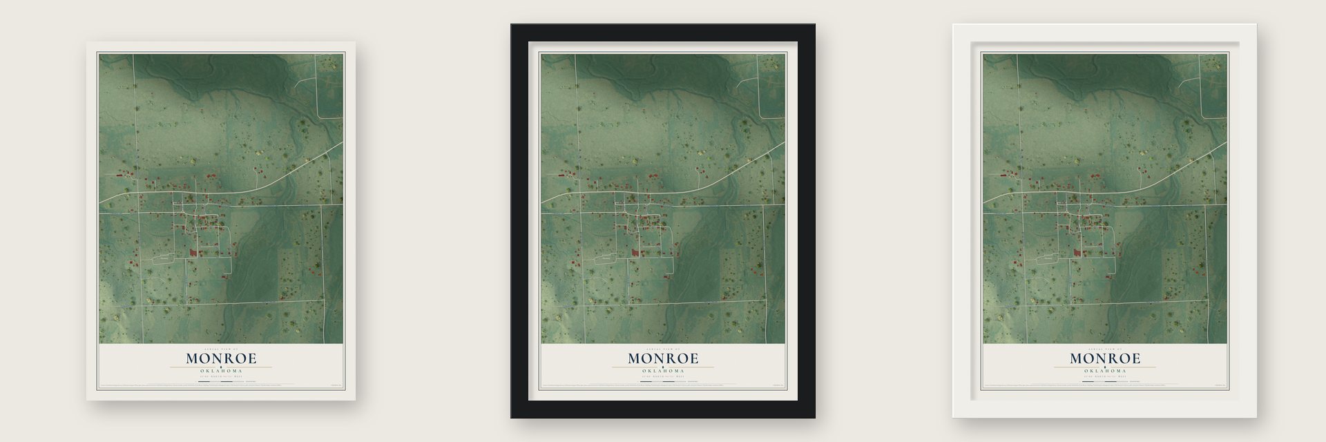 Monroe, Oklahoma map unframed, in a black wood frame and in a white wood frame