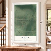 Monroe, Oklahoma map, 24 x 36 inch print in a white frame by a staircase