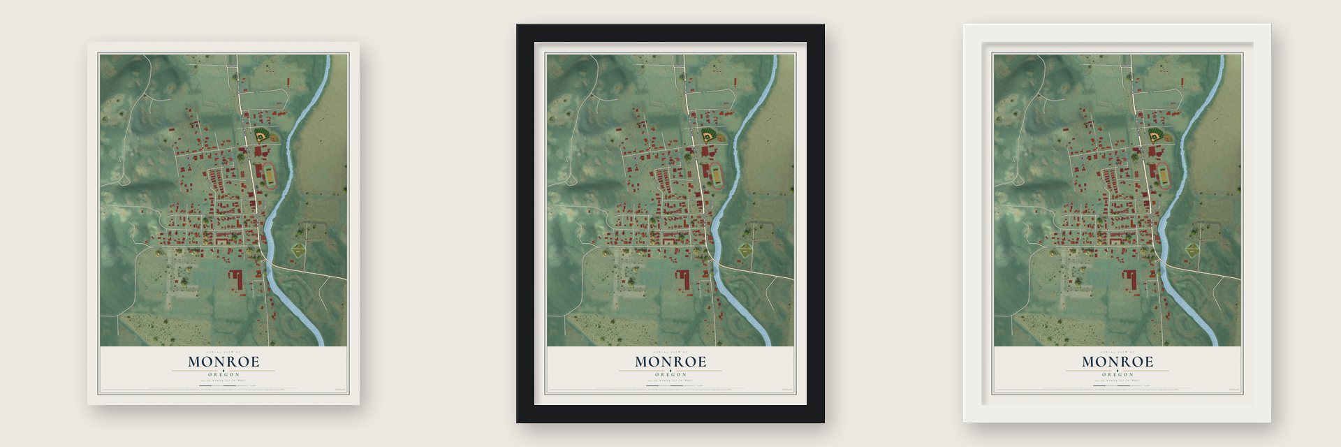 Monroe, Oregon map unframed, in a black wood frame and in a white wood frame