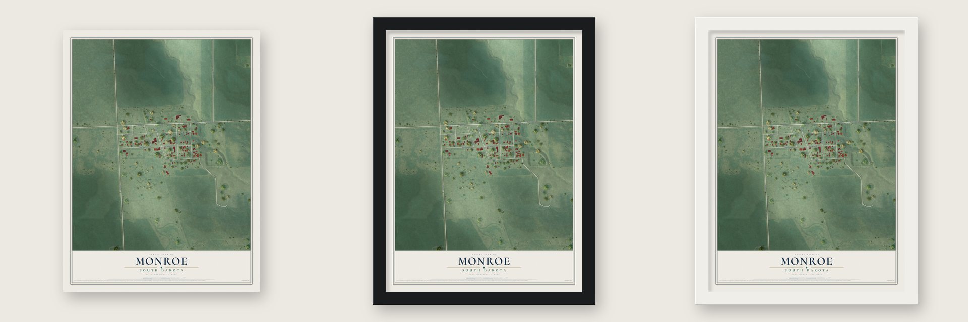 Monroe, South Dakota map unframed, in a black wood frame and in a white wood frame