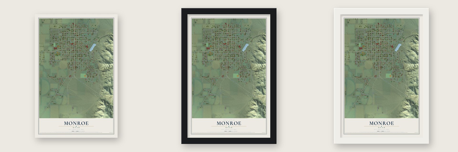 Monroe, Utah map unframed, in a black wood frame and in a white wood frame