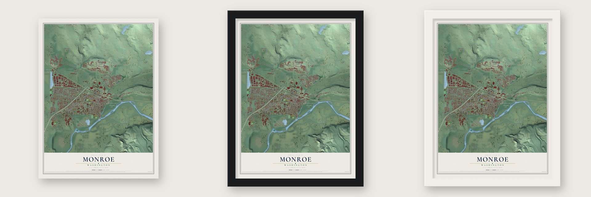 Monroe, Washington map unframed, in a black wood frame and in a white wood frame
