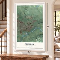 Monroe, Washington map, 24 x 36 inch print in a white frame by a staircase