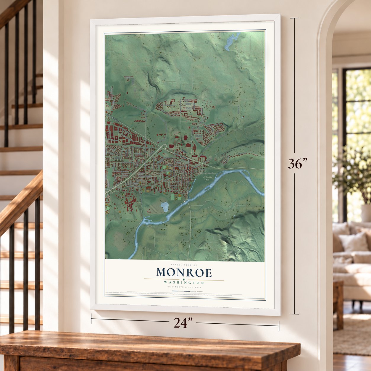Monroe, Washington map, 24 x 36 inch print in a white frame by a staircase