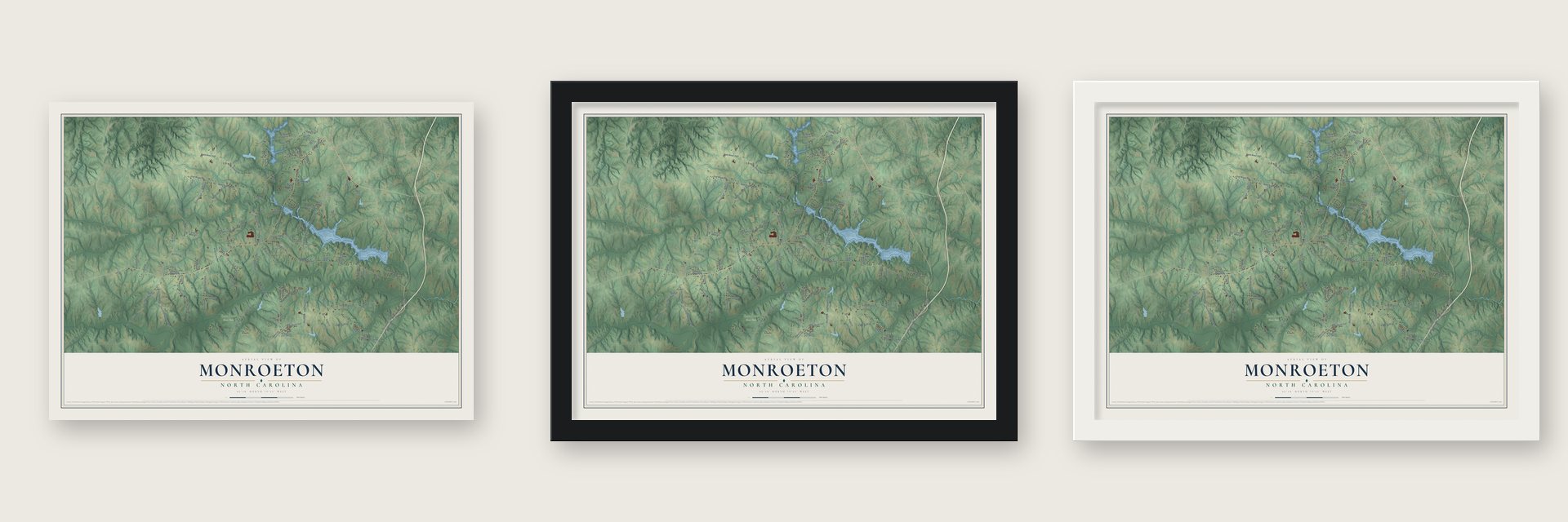Monroeton, North Carolina map unframed, in a black wood frame and in a white wood frame