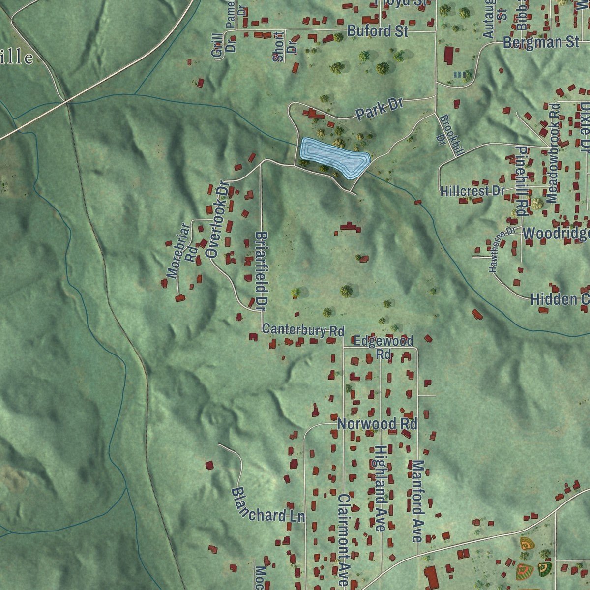 Second close-up of the map of Monroeville, Alabama print showing more streets and buildings