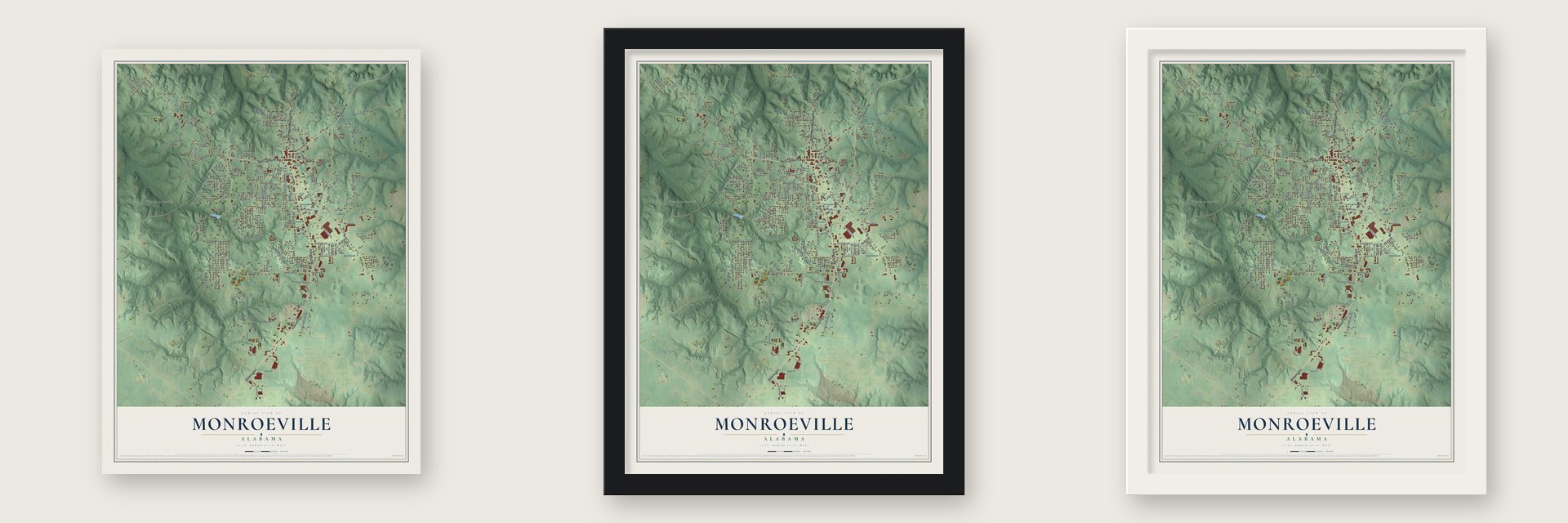 Monroeville, Alabama map unframed, in a black wood frame and in a white wood frame