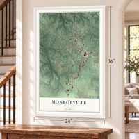 Monroeville, Alabama map, 24 x 36 inch print in a white frame by a staircase