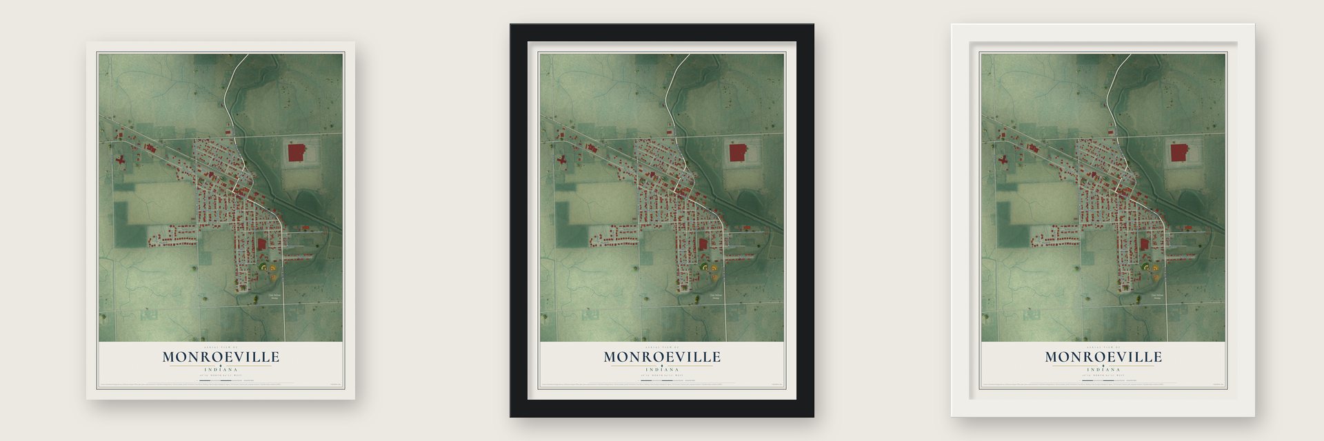 Monroeville, Indiana map unframed, in a black wood frame and in a white wood frame