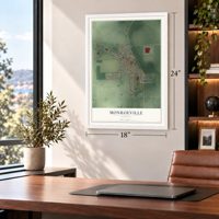 Monroeville, Indiana map, 18 x 24 inch print in a white frame in a home office