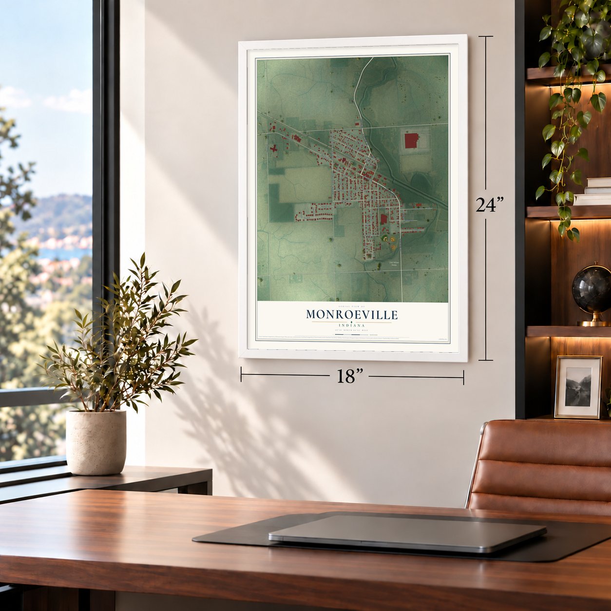 Monroeville, Indiana map, 18 x 24 inch print in a white frame in a home office