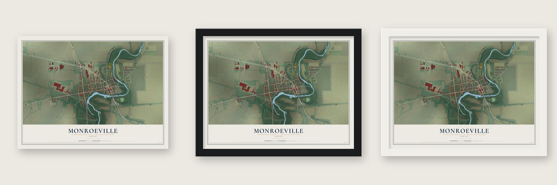Monroeville, Ohio map unframed, in a black wood frame and in a white wood frame