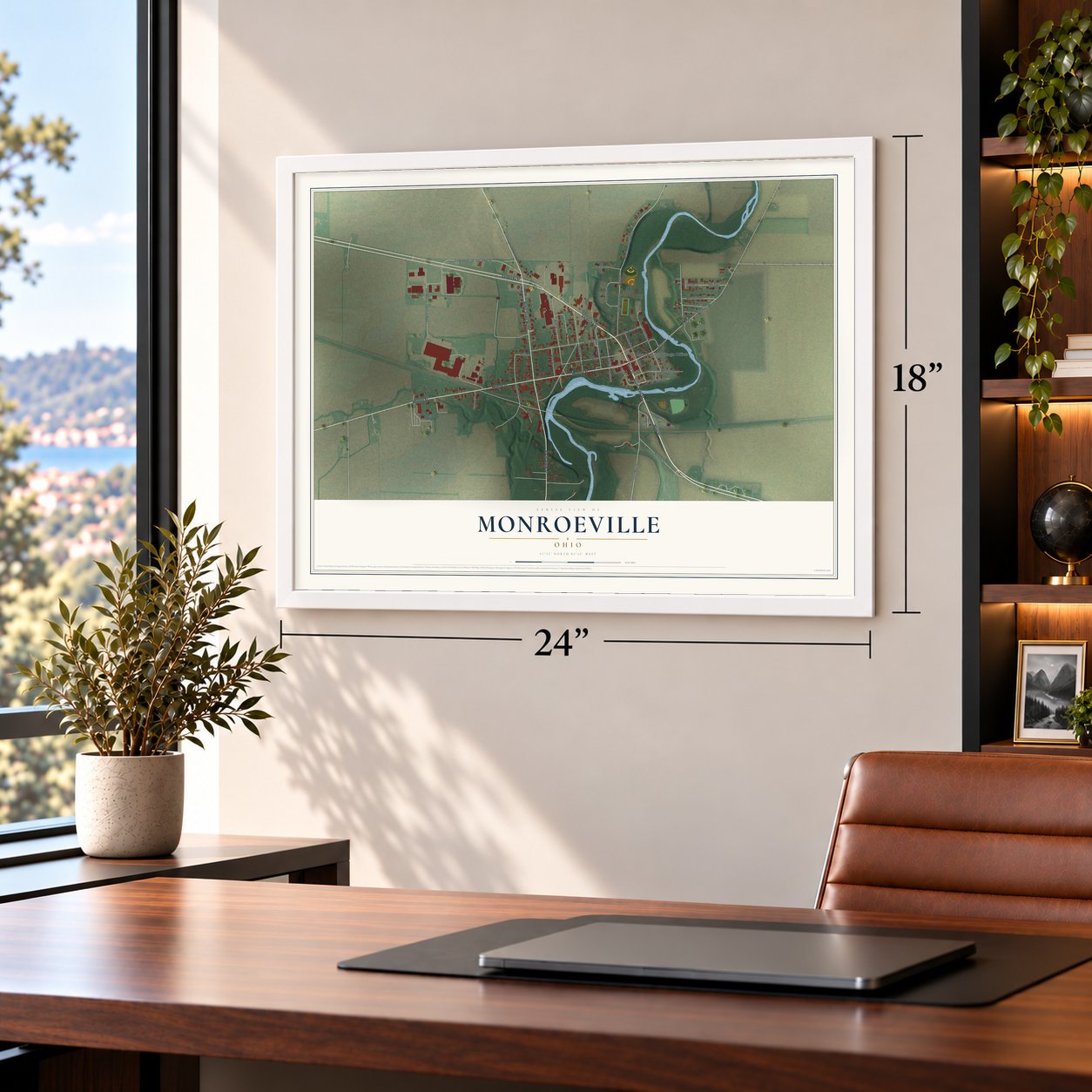 Monroeville, Ohio map, 18 x 24 inch print in a white frame in a home office