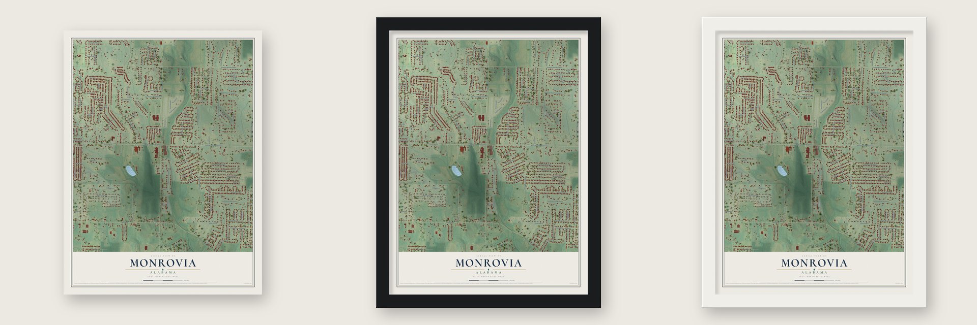Monrovia, Alabama map unframed, in a black wood frame and in a white wood frame