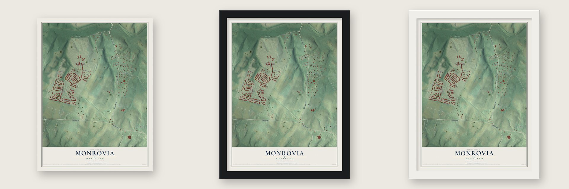 Monrovia, Maryland map unframed, in a black wood frame and in a white wood frame