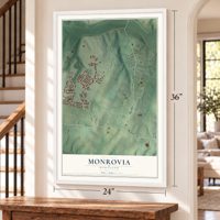 Monrovia, Maryland map, 24 x 36 inch print in a white frame by a staircase