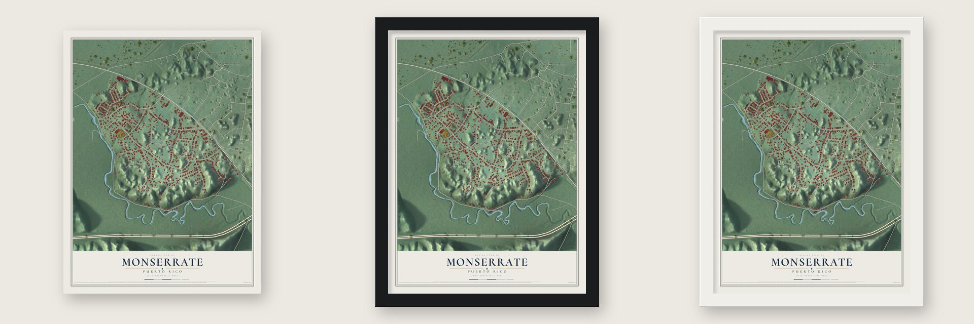 Monserrate, Puerto Rico map unframed, in a black wood frame and in a white wood frame