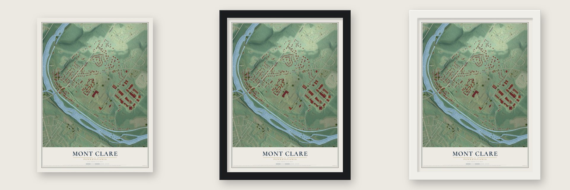 Mont Clare, Pennsylvania map unframed, in a black wood frame and in a white wood frame