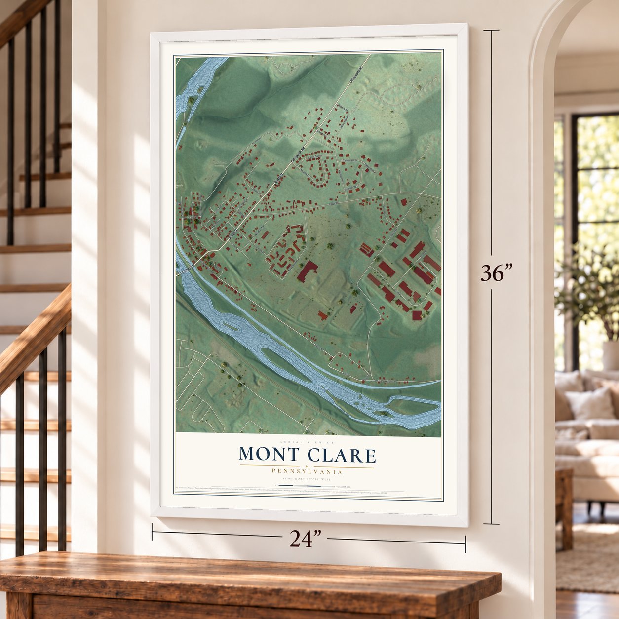 Mont Clare, Pennsylvania map, 24 x 36 inch print in a white frame by a staircase