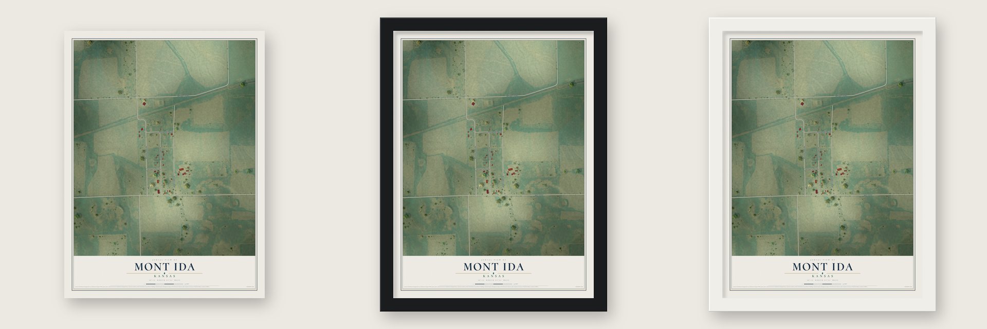 Mont Ida, Kansas map unframed, in a black wood frame and in a white wood frame