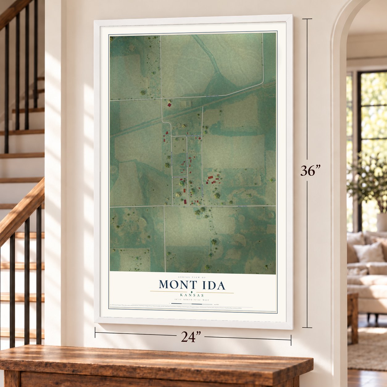 Mont Ida, Kansas map, 24 x 36 inch print in a white frame by a staircase