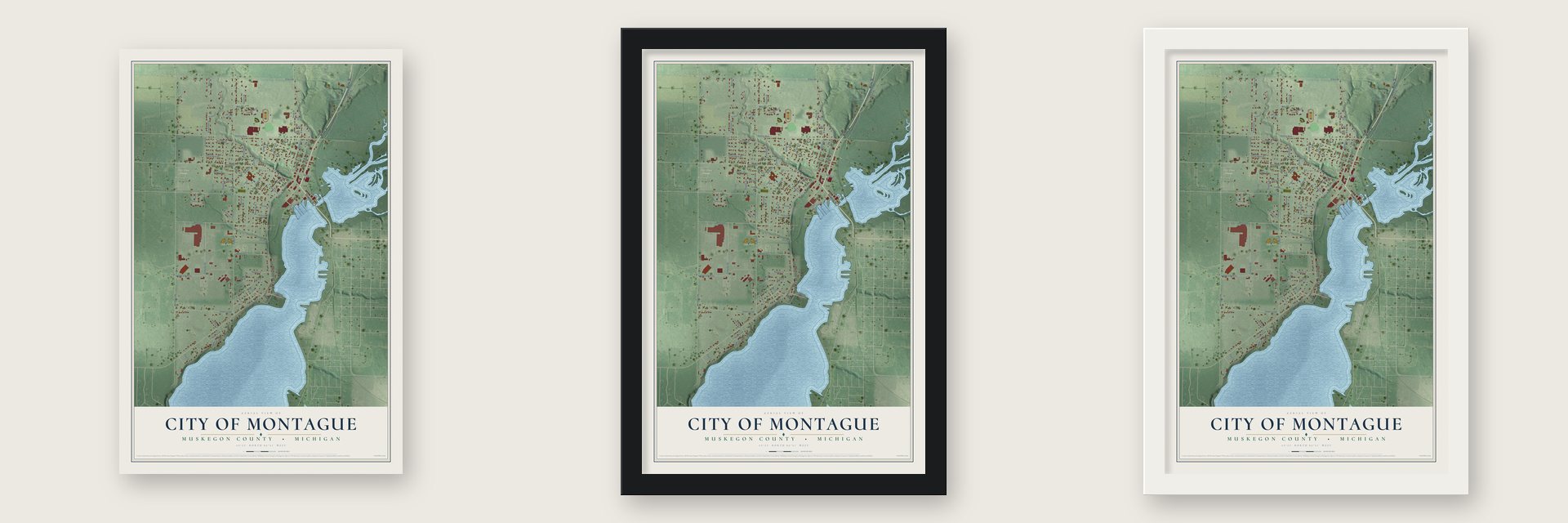 Montague, Michigan map unframed, in a black wood frame and in a white wood frame