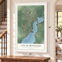 Montague, Michigan map, 24 x 36 inch print in a white frame by a staircase