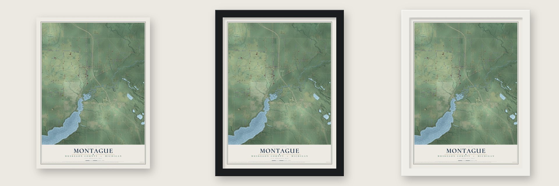 Montague, Muskegon County, Michigan map unframed, in a black wood frame and in a white wood frame