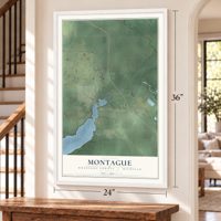 Montague, Muskegon County, Michigan map, 24 x 36 inch print in a white frame by a staircase